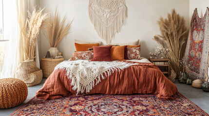 Boho Fall Vibes: Create a bohemian-inspired space with layered rugs, macramé wall hangings, and warm-toned pillows. Add dried pampas grass and textured throws for a relaxed fall aesthetic.