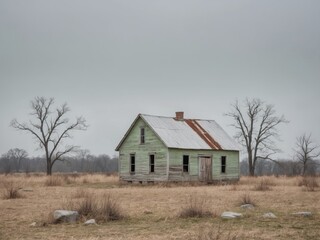 Fototapeta premium Weathered Farmhouse in Countryside Evoking Isolation and Desolation in Muted Expressionist Palette.