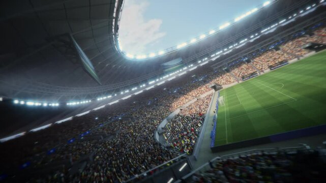 Day Drone Flight Around Soccer Stadium. Aerial Views Capture Massive Crowd. Arena Hosts Major Sport Event With Thousands of Spectators. 360 Degree Orbital Cinematic Flyover Shot