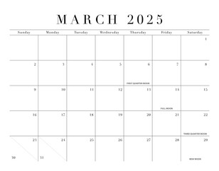 March 2025 Elegant Month Calendar Grid for North America, transparent background
