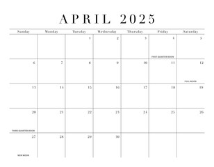 April 2025 Elegant Month Calendar Grid for North America, transparent background