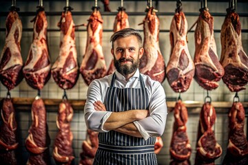 Confident butcher standing in artisan meat shop surrounded by hanging cuts of fresh meat