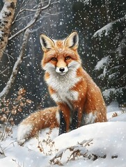 Fototapeta premium Majestic Red Fox Basking in the Snowy Forest Winterscape