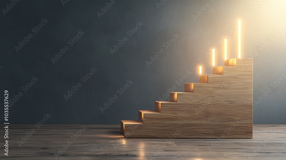 Aufkleber illuminated wooden steps symbolizing progress and growth in a modern minimalist setting