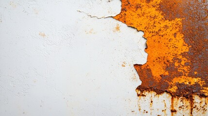 Rusty surface with peeling paint, orange and white tones, detailed texture.