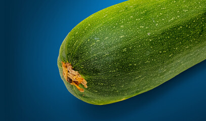 A close-up view of a fresh green zucchini on a vibrant blue background. The vegetable highlights its natural texture, emphasizing its freshness and organic quality.