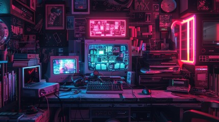 Obraz premium Retro gaming setup with neon lights, vintage computers and posters. Cyberpunk aesthetic.