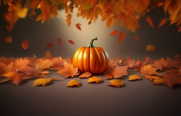 A single orange pumpkin sits on a surface covered in autumn leaves.