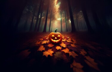 A glowing jack-o'-lantern sits in a dark, misty forest with fallen autumn leaves scattered around.