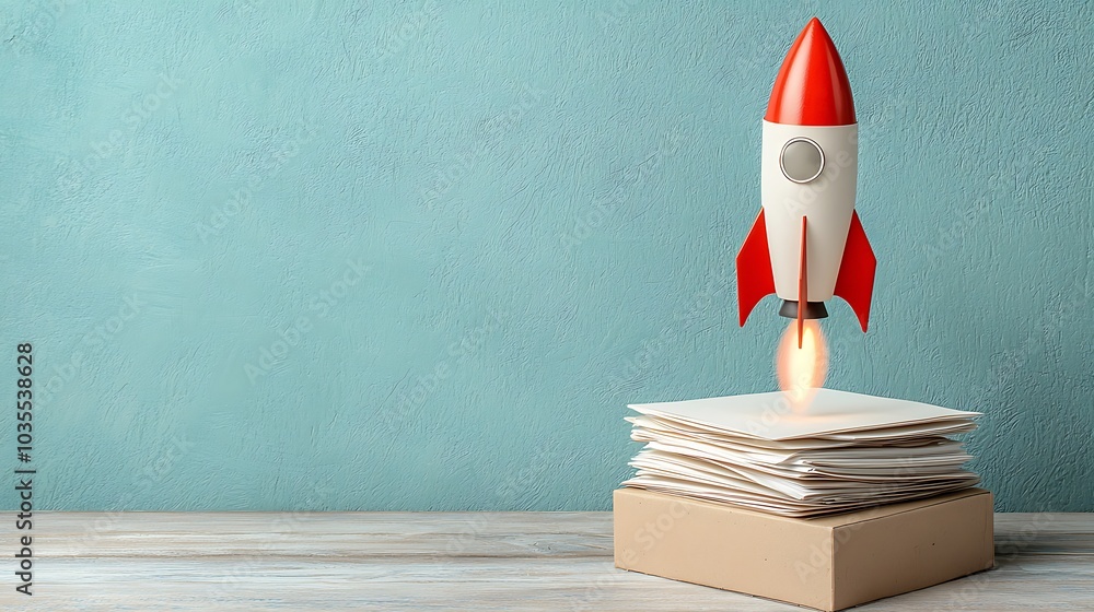 Poster innovative rocket launching from a stack of documents symbolizing growth success and new beginnings 