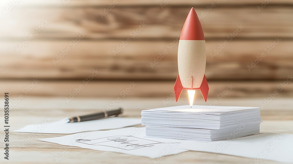 Poster unleashing innovation the symbolism of a rocket launching from a stack of papers representing ideas 