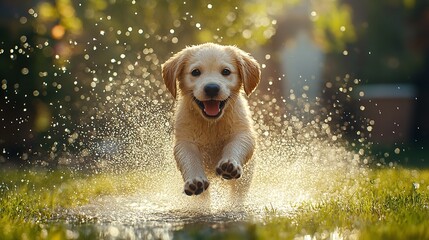 Labrador Puppy Running Through a Sprinkler in the Garden