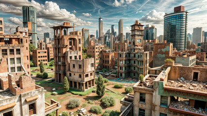 Fototapeta premium An abandoned urban area showcases decaying buildings covered in greenery, while a vibrant city skyline looms in the background, offering a striking contrast under a vibrant sky
