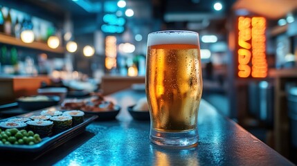 Japanese rice lager with sushi and edamame on table under neon lights in Tokyo