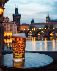 Czech lager on café table with Prague city view and evening lanterns