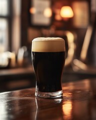 Irish stout with creamy foam on bar counter in a traditional pub with dim lighting.