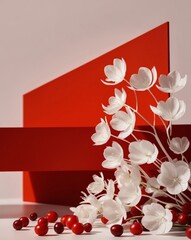 White Flowers and Red Berries on a Red Background.