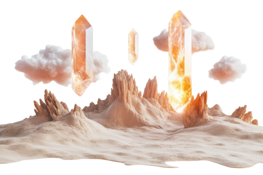 Surreal Alien Desert Landscape Featuring Floating Crystals and Luminous Elements for Fantasy Art and Design Projects