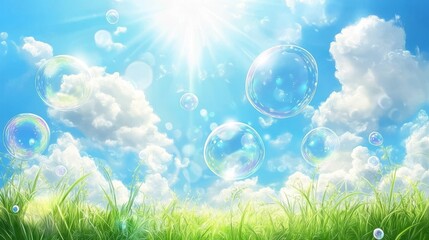Fototapeta premium Beautiful summer background with a blue sky, white clouds, and soap bubbles.