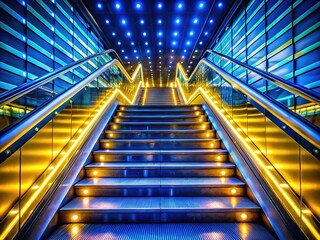 Majestic Staircase Bathed in Blue and Yellow Neon Glow