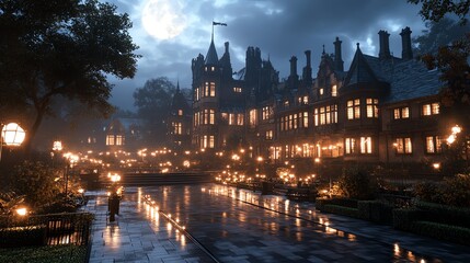 Obraz premium A solitary figure walks along a cobblestone path in front of a grand, illuminated castle. The scene is bathed in the soft light of streetlamps and the moon.