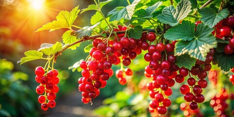 Sunlight filtering through the leaves illuminates clusters of ripe, red berries hanging from a vibrant green branch.