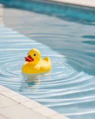 Yellow Rubber Duck Floating in a Blue Swimming Pool.