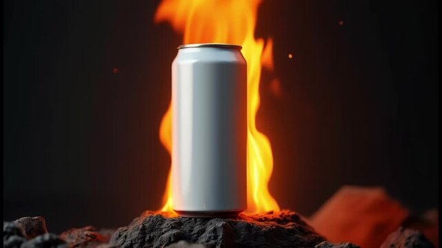 A white blank mockup Soda Can Mockup on a black rock, engulfed with flame