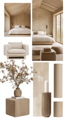 This moodboard showcases a neutral palette with marble, linen, and dried flowers, ideal for designing elegant interiors