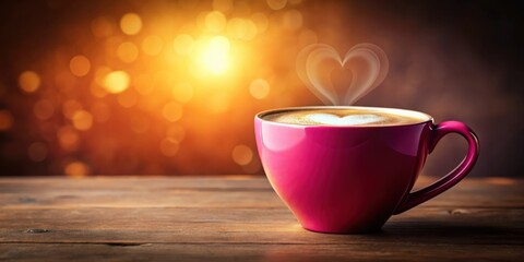 A pink mug of steaming coffee with a heart shaped latte art design on top of a rustic wooden table in front of a warm bokeh background.