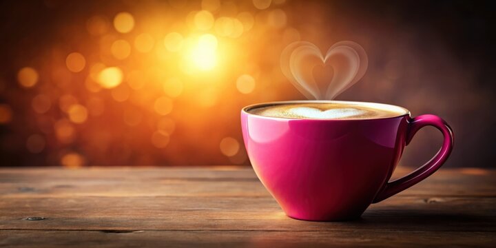 A pink mug of steaming coffee with a heart shaped latte art design on top of a rustic wooden table in front of a warm bokeh background.