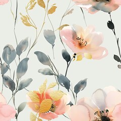 Delicate floral design featuring soft pink seamless, pattern and gold accents on a light blue background with elegant botanical elements