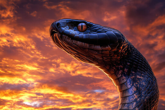 Black cobra with its hood raised, ready to strike against a dramatic sunset sky, intense lighting. - Powered by Adobe
