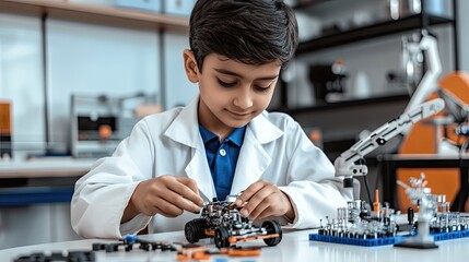 An Indian boy in a lab coat is focused on assembling a robotic toy car using small robotic arms in a contemporary school laboratory