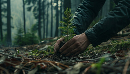 Hands planting a young coniferous tree in a forest, symbolizing growth and reforestation. Ecology illustration.
