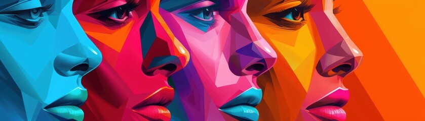 A Close-up Shot of a Colorful human faces with modern, geometric patterns and textures