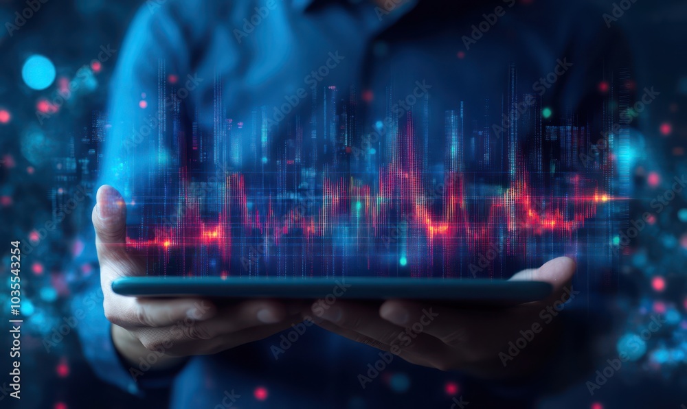 Poster modern technology and digital finance with tablet and data visualization