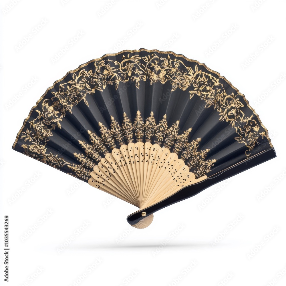 Wall mural elegant black and gold hand fan with intricate floral patterns on display