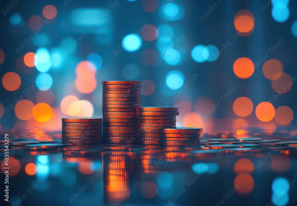 Poster stack of coins with bokeh lights in background