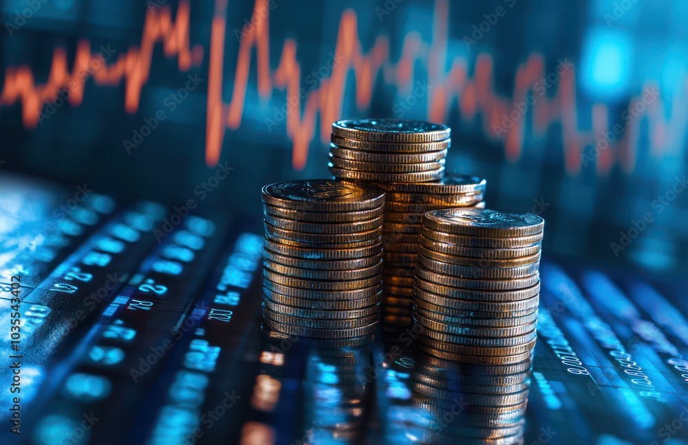 Poster stacks of coins on financial data display with charts