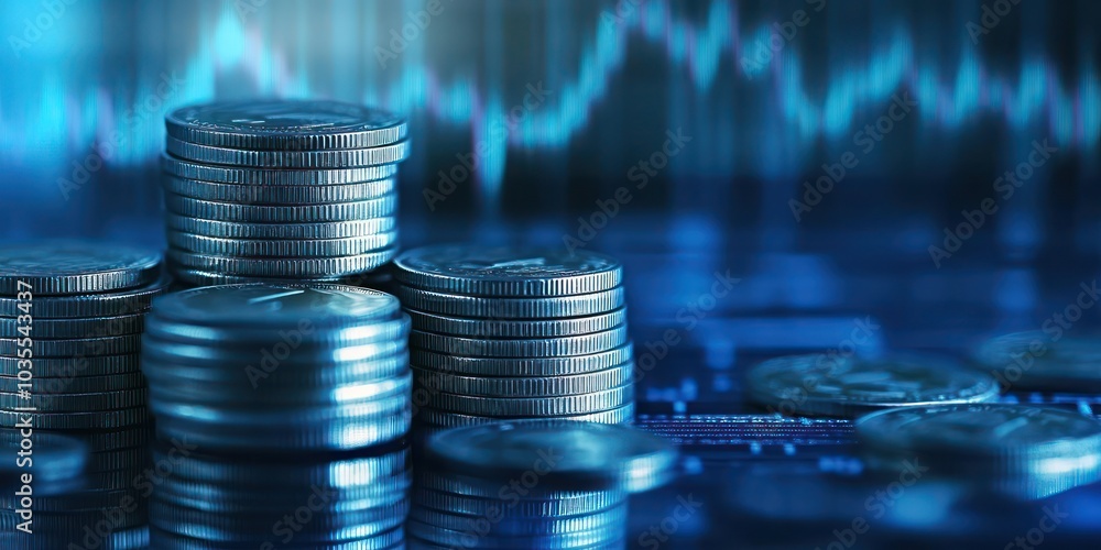 Poster stacks of coins with financial graph in background