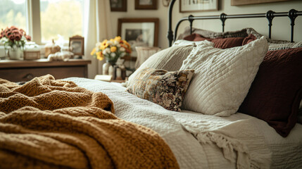Cozy Cottage Bedroom: Design a bedroom with soft, earthy bedding, layered blankets, and vintage-inspired decor. Use rich fall colors like mustard, burgundy, and olive green to create a cozy, inviting 