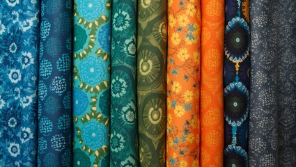 Colorful stack of traditional batik fabric in blues greens oranges with geometric floral patterns