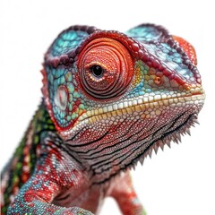 Obraz premium Close-up of colorful chameleon with detailed skin texture on white background
