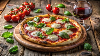 A freshly baked pizza with mozzarella cheese, tomato sauce, and basil leaves, served on a wooden board with a glass of red wine