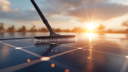 Close-up of a cleaning brush on solar panels during sunset, emphasizing renewable energy maintenance and sustainability against a scenic backdrop.