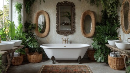 A luxurious bohemian bathroom with a freestanding bathtub
