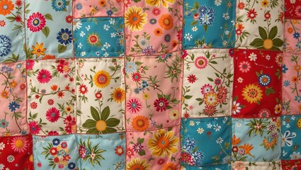 Colorful handmade patchwork quilt with floral patterns and intricate hand stitching