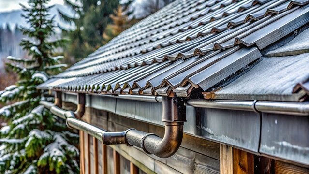 A snow-dusted roof with metal tiles and a copper rain gutter extending into a winter scene