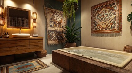 A luxurious bohemian-inspired home spa featuring a large soaking tub